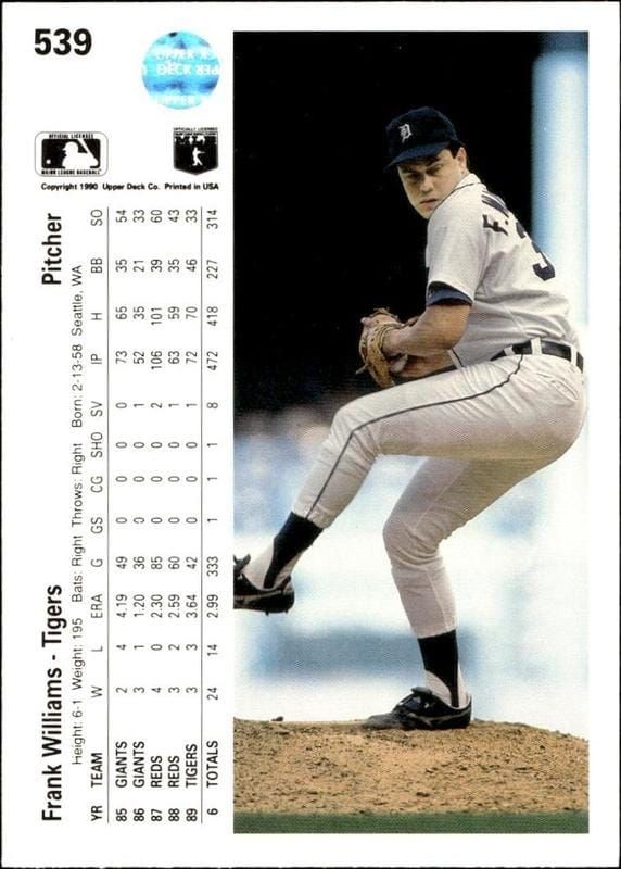 1990 Upper Deck Frank Williams #539 baseball trading card back