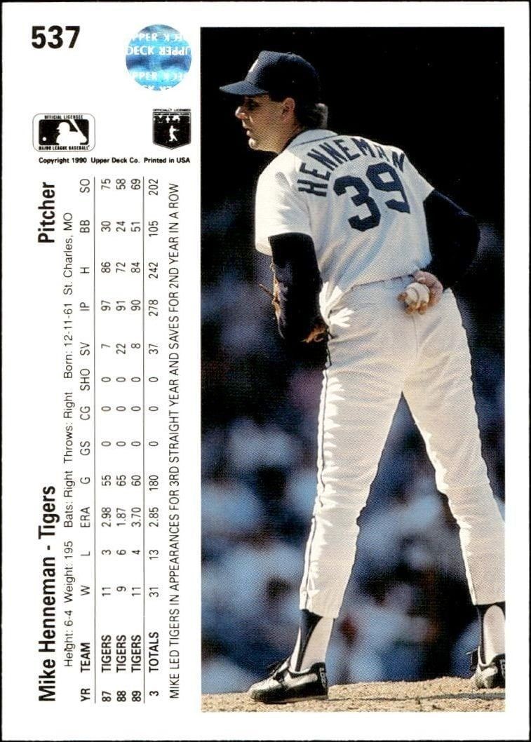 1990 Upper Deck Mike Henneman #537 baseball trading card back