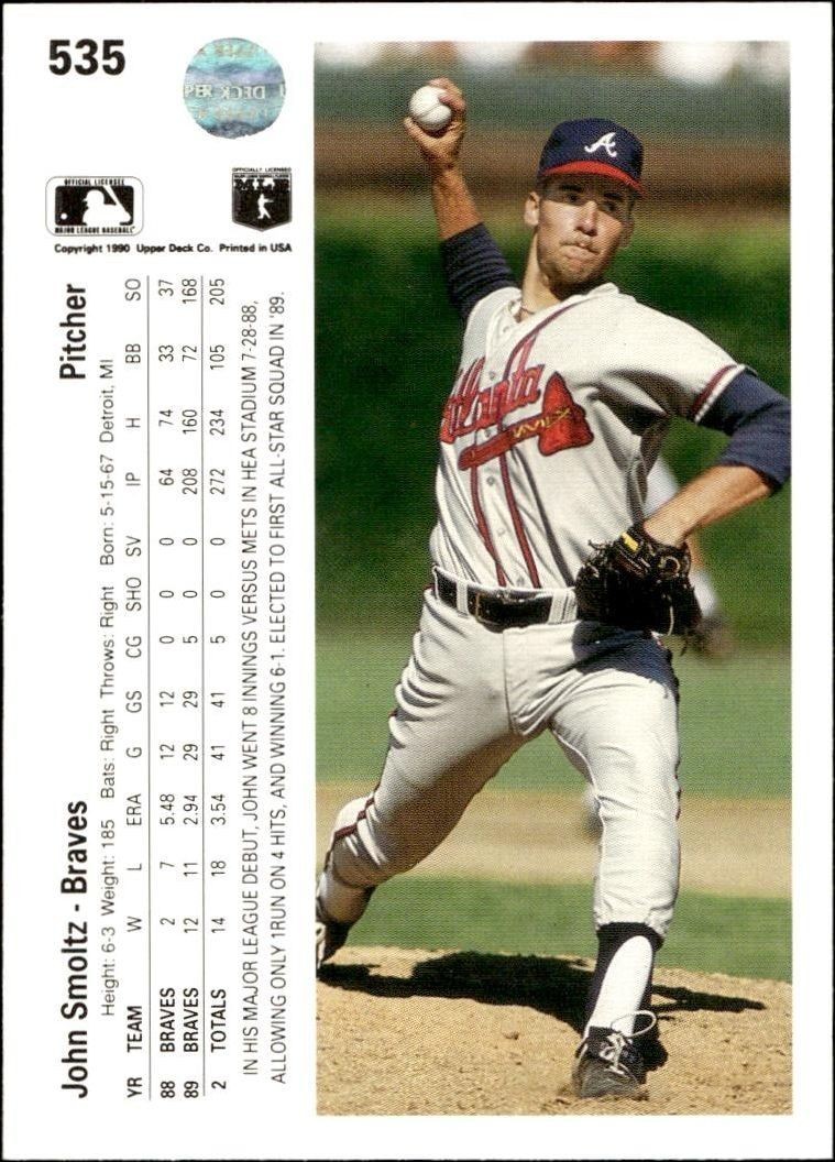 1990 Upper Deck John Smoltz #535 baseball trading card back