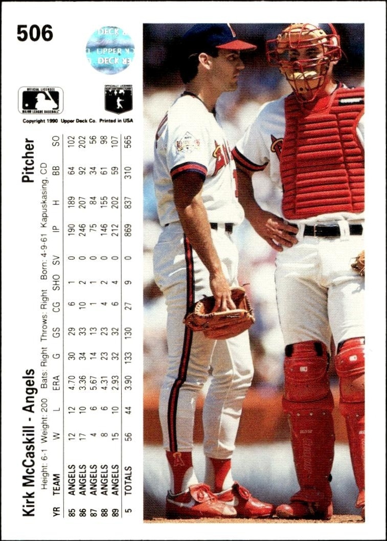 1990 Upper Deck Kirk McCaskill #506 baseball trading card back