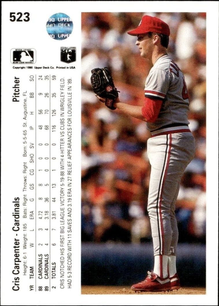 1990 Upper Deck Cris Carpenter #523 baseball trading card back
