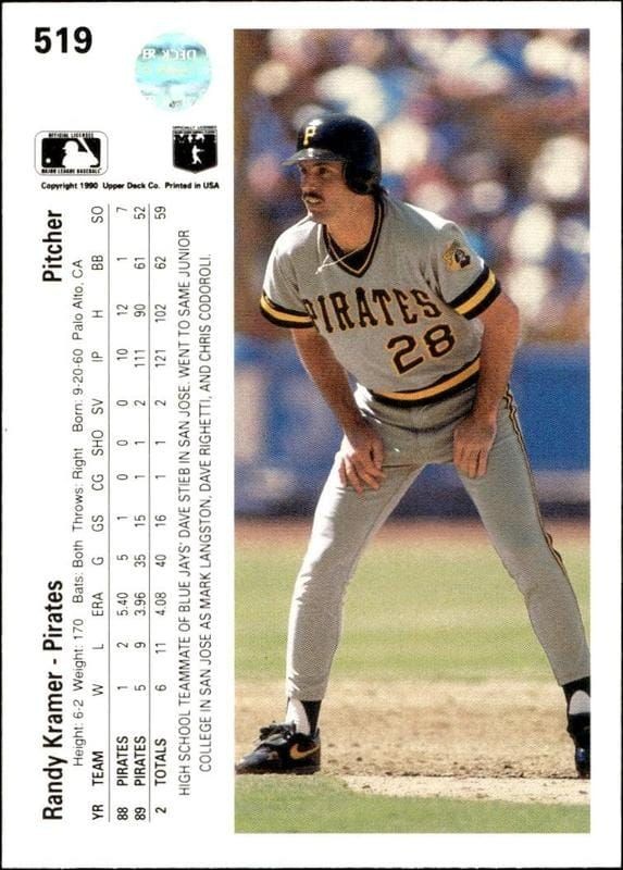 1990 Upper Deck Randy Kramer #519 baseball trading card back