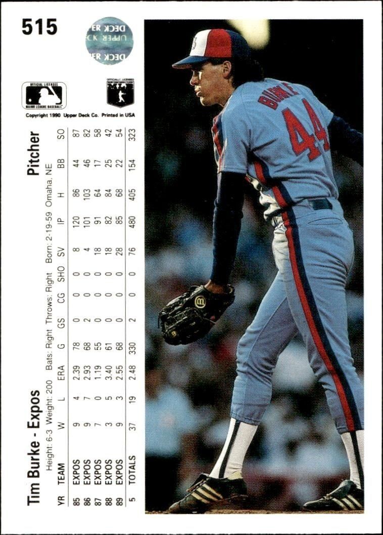 1990 Upper Deck Tim Burke #515 baseball trading card back