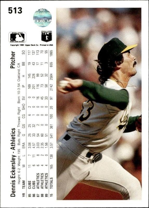 1990 Upper Deck Dennis Eckersley #513 baseball trading card back