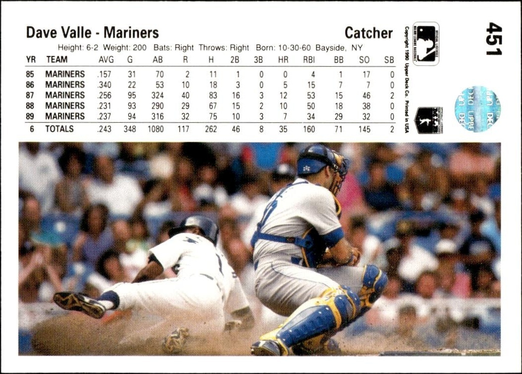 1990 Upper Deck Dave Valle #451 baseball trading card back