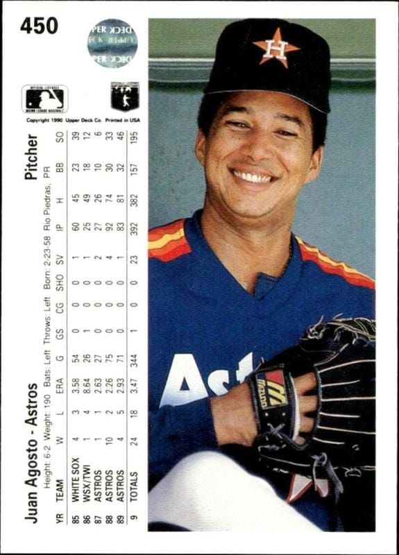 1990 Upper Deck Juan Agosto #450 baseball trading card back