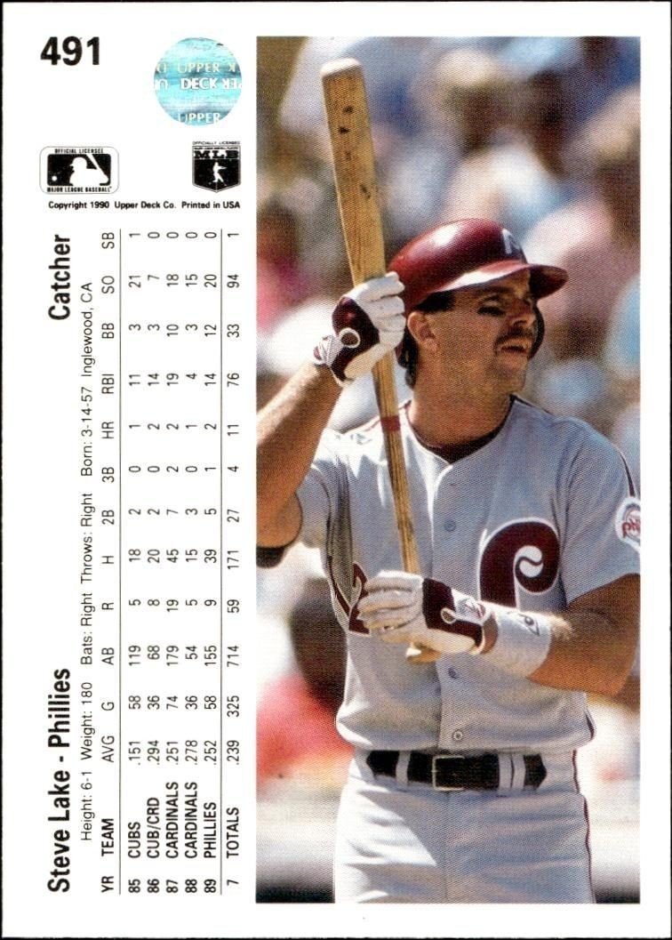1990 Upper Deck Steve Lake #491 baseball trading card back