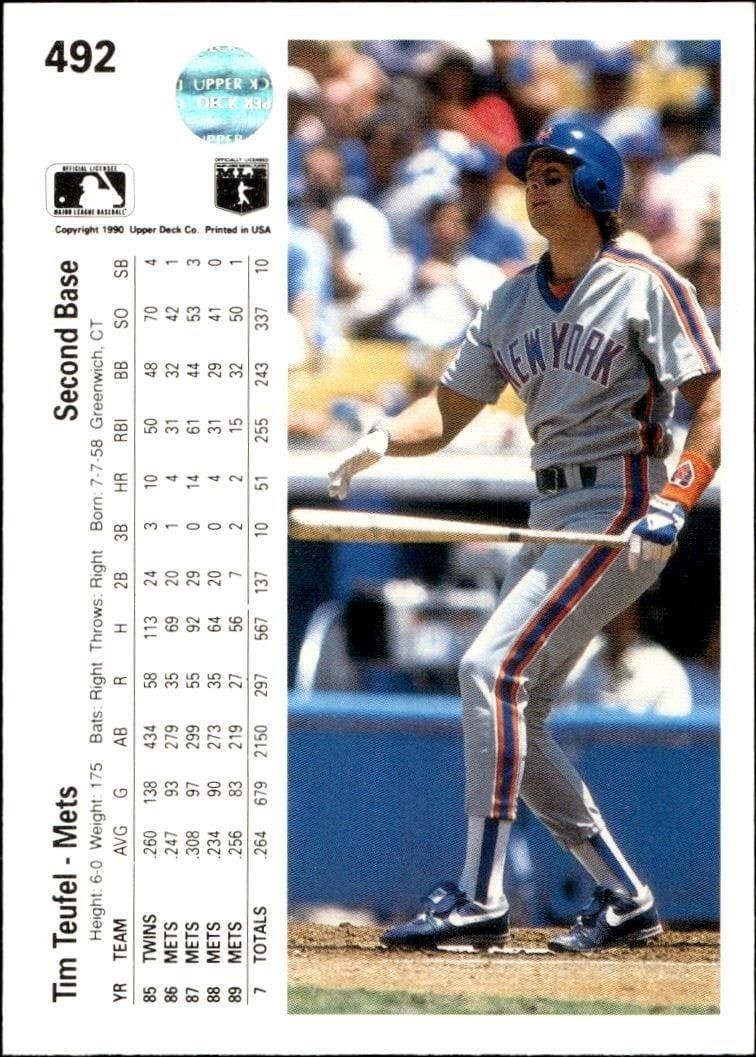 1990 Upper Deck Tim Teufel #492 baseball trading card back