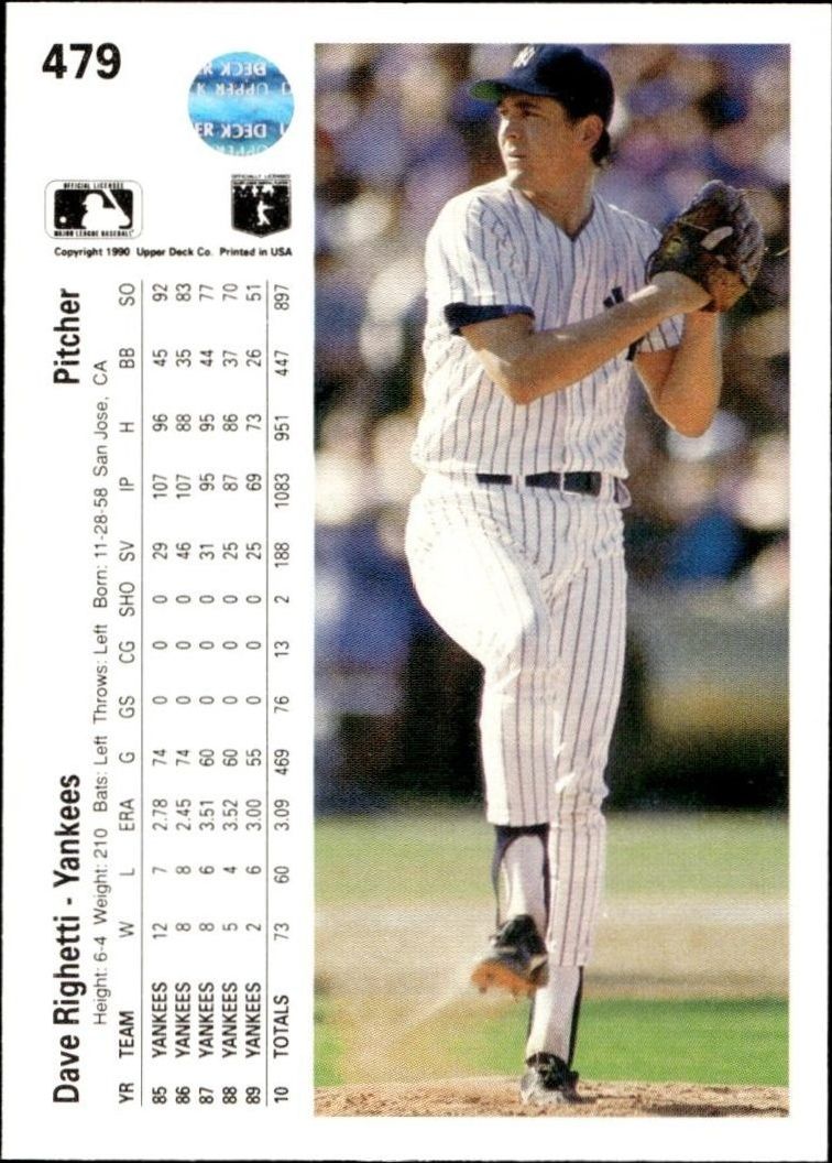 1990 Upper Deck Dave Righetti #479 baseball trading card back