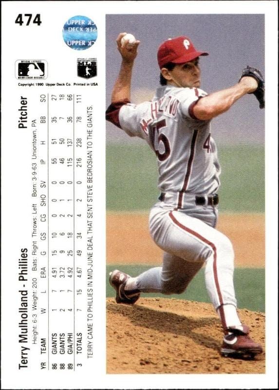 1990 Upper Deck Terry Mulholland #474 baseball trading card back