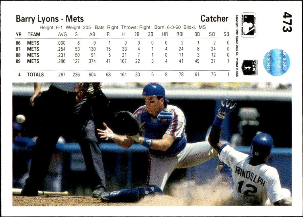 1990 Upper Deck Barry Lyons #473 baseball trading card back