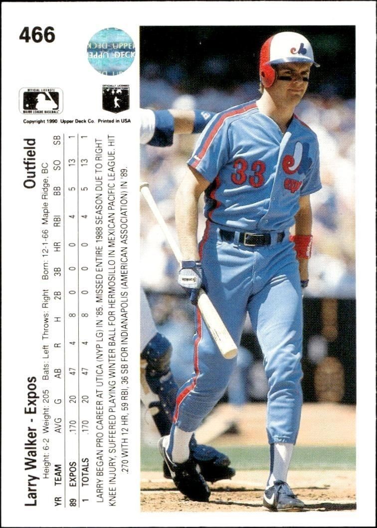 1990 Upper Deck Larry Walker #466 baseball trading card back