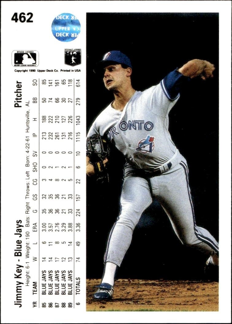 1990 Upper Deck Jimmy Key #462 baseball trading card back