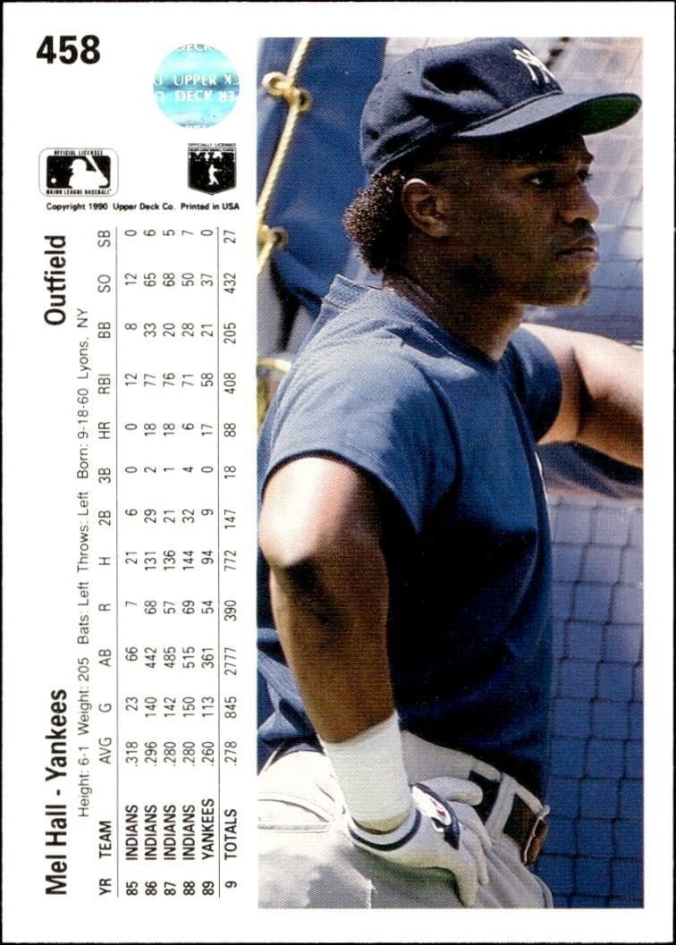 1990 Upper Deck Mel Hall #458 baseball trading card back