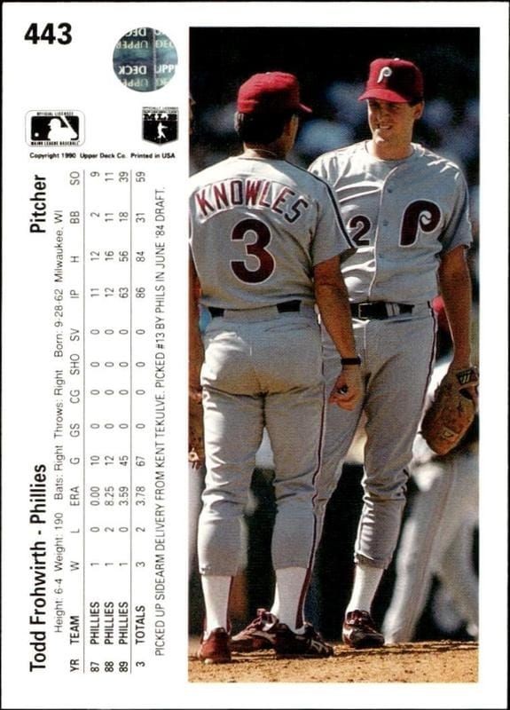 1990 Upper Deck Todd Frohwirth #443 baseball trading card back