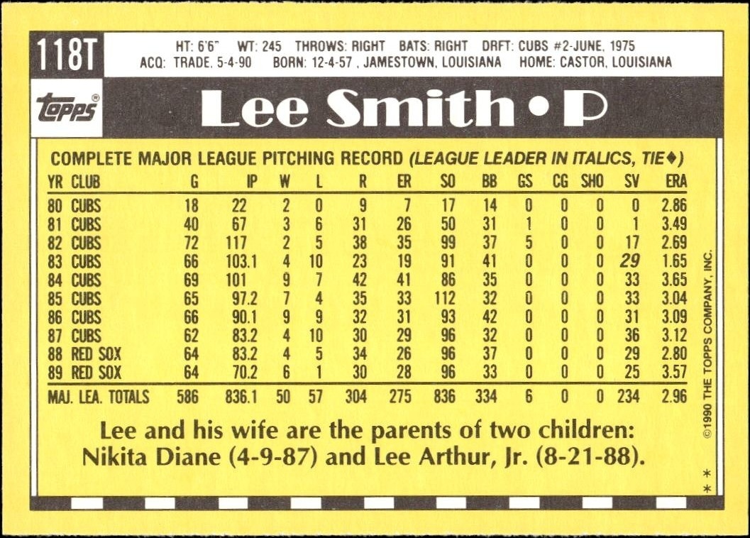 1990 Topps Traded Lee Smith #118T baseball trading card back