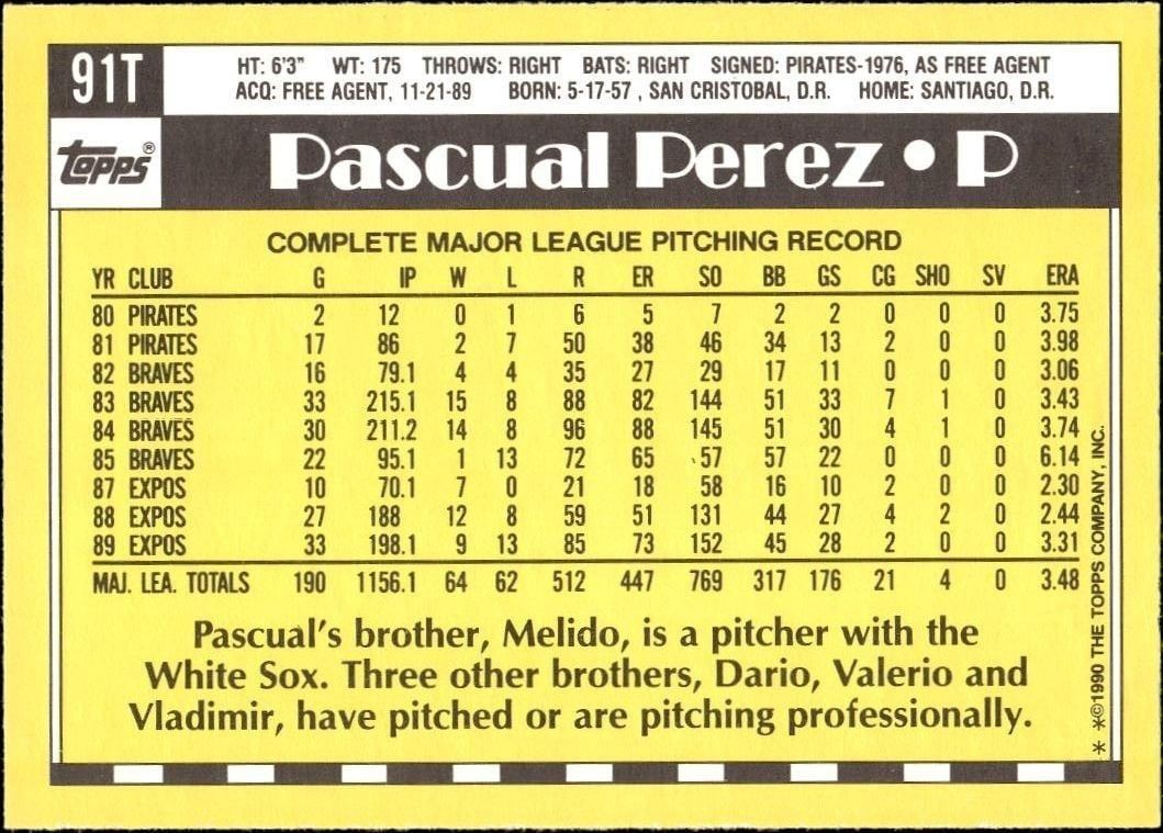 1990 Topps Traded Pascual Perez #91T baseball trading card back