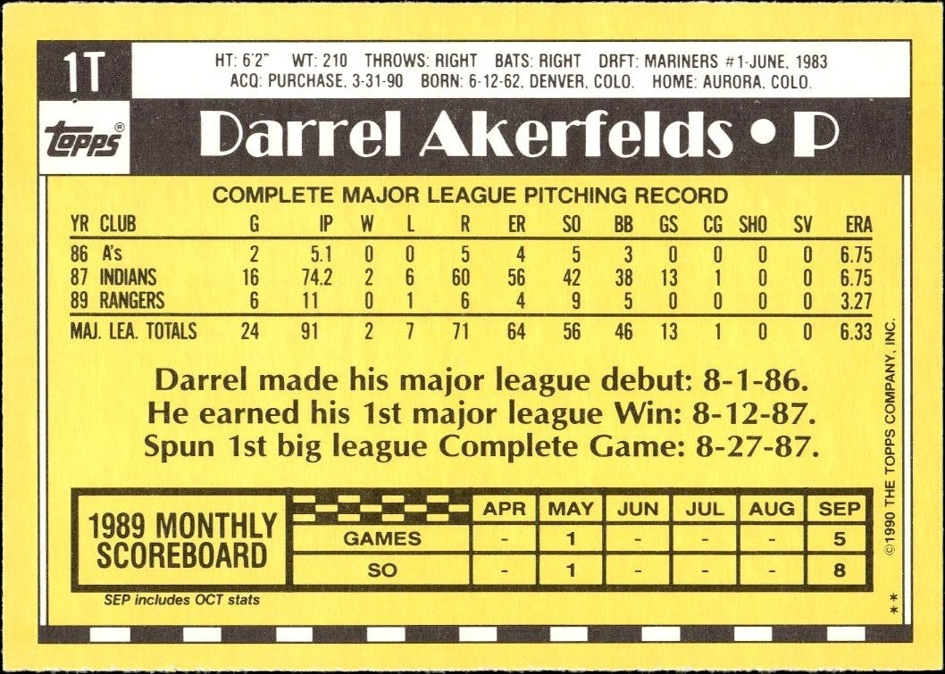 1990 Topps Traded Darrel Akerfelds #1T baseball trading card back