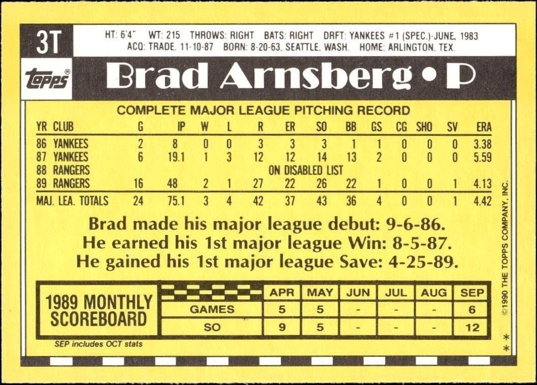 1990 Topps Traded Brad Arnsberg #3T baseball trading card back