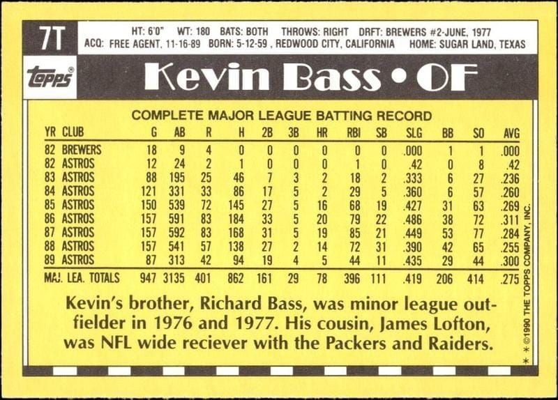 1990 Topps Traded Kevin Bass #7T baseball trading card back