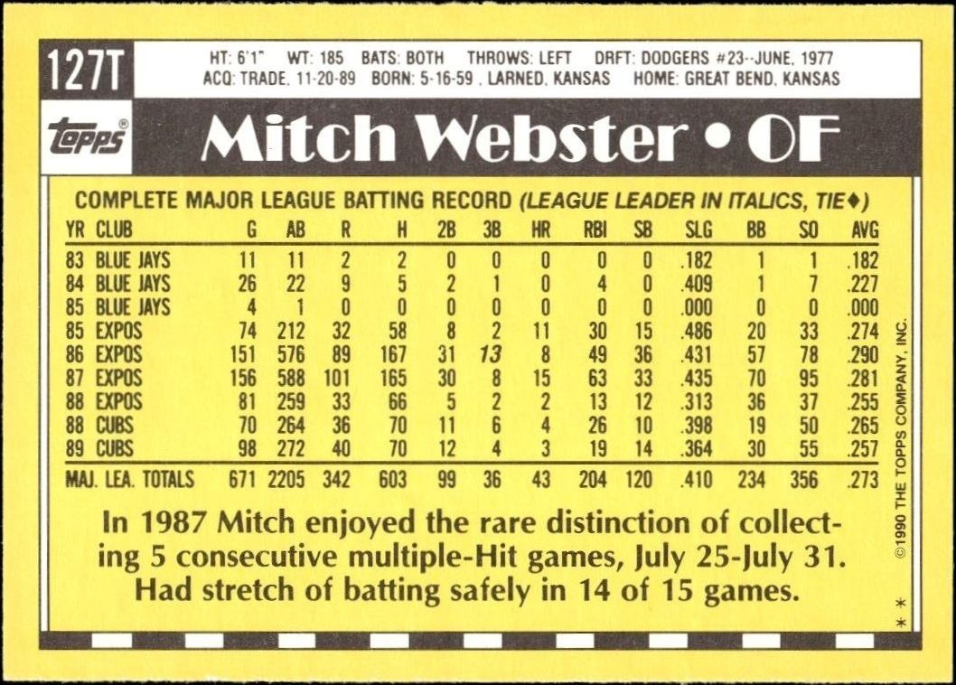 1990 Topps Traded Mitch Webster #127T baseball trading card back