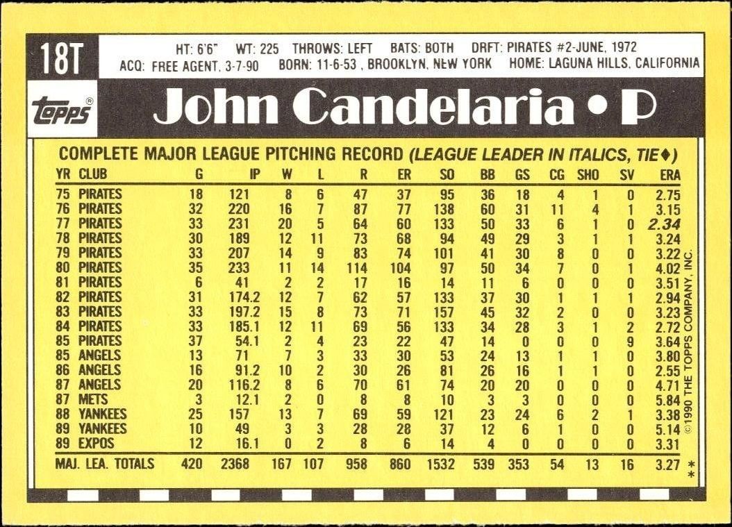 1990 Topps Traded John Candelaria #18T baseball trading card back