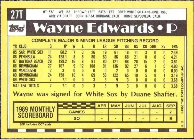 1990 Topps Traded Wayne Edwards #27T baseball trading card back