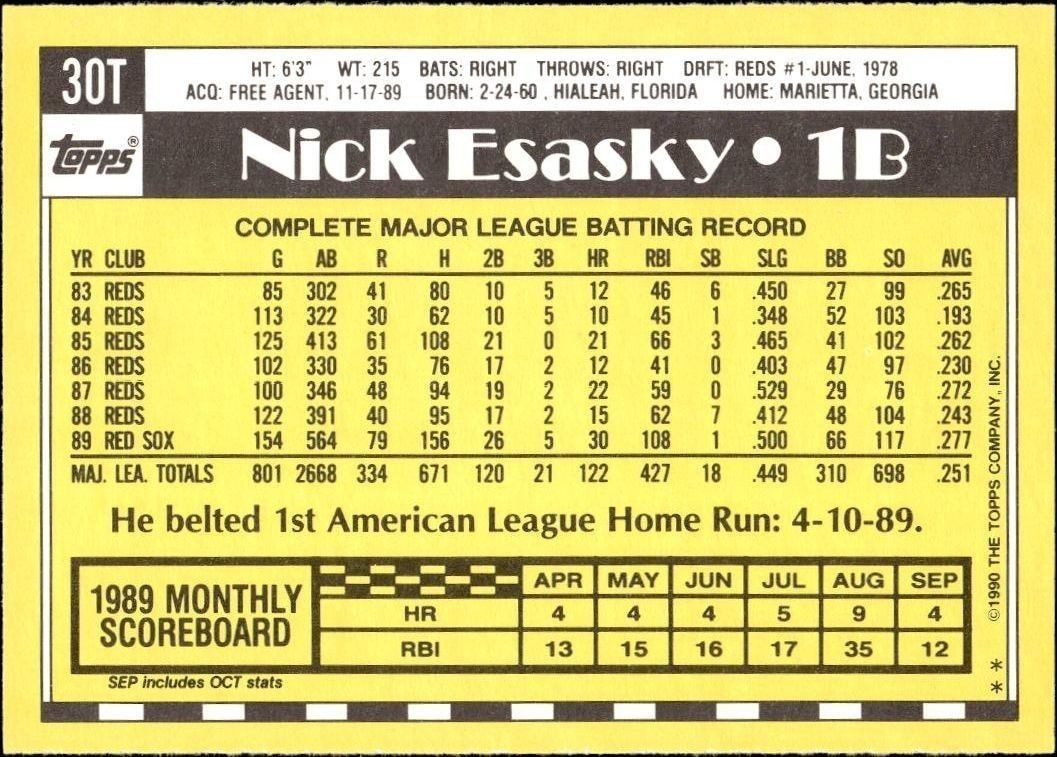 1990 Topps Traded Nick Esasky #30T baseball trading card back