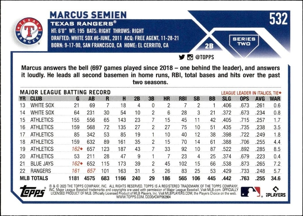 2023 Topps Series 2 Marcus Semien #532 baseball trading card back