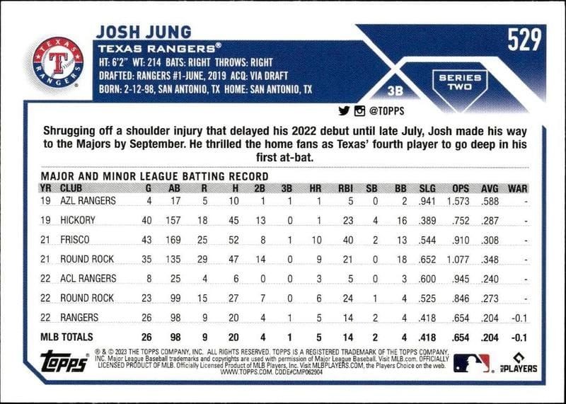 2023 Topps Series 2 Josh Jung #529 baseball trading card back