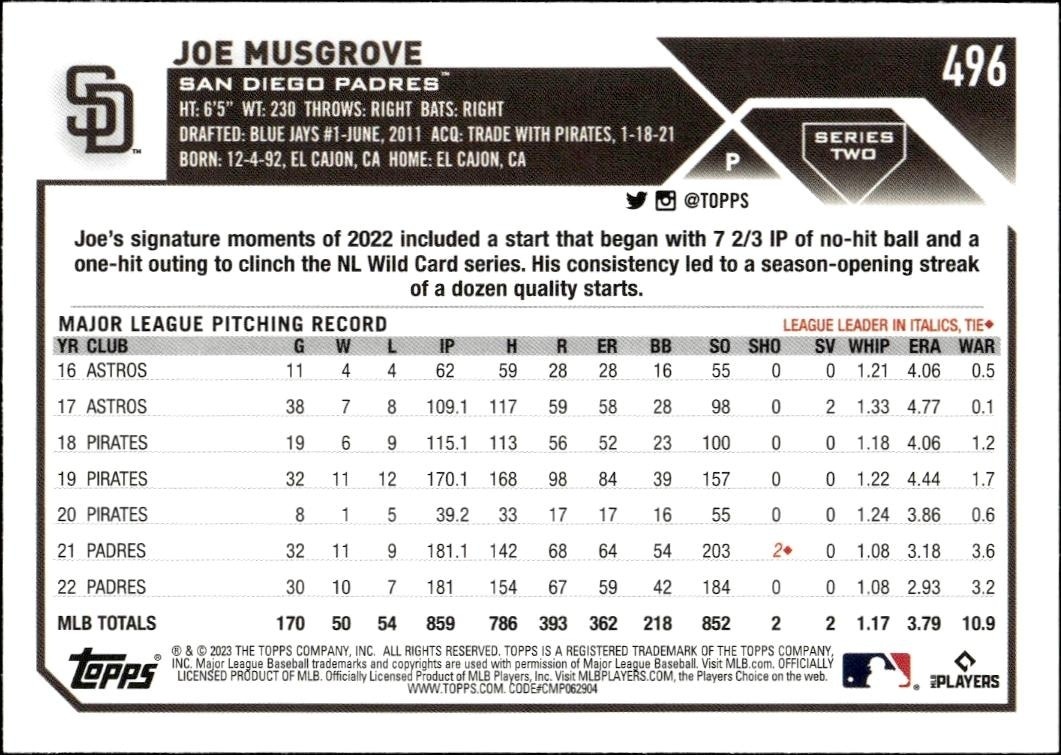 2023 Topps Series 2 Joe Musgrove #496 baseball trading card back
