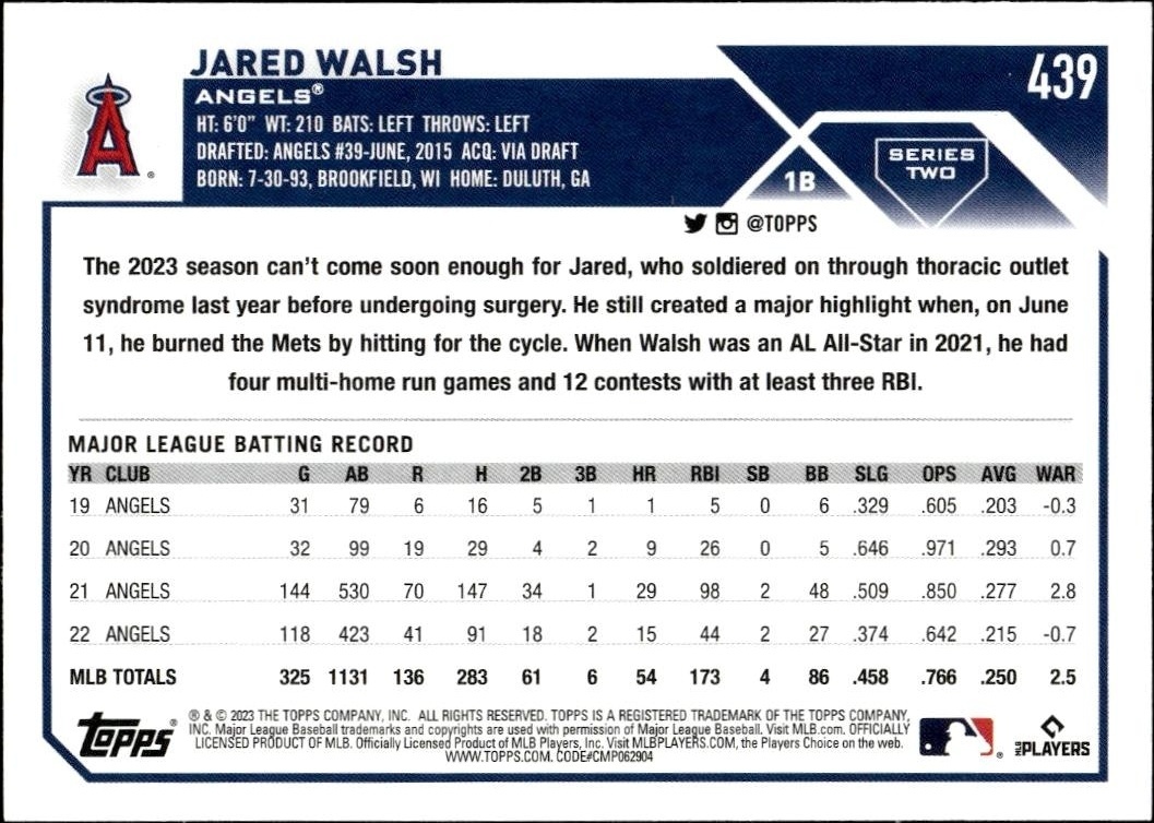 2023 Topps Series 2 Jared Walsh #439 baseball trading card back