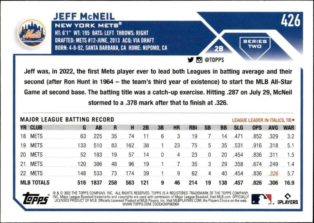 2023 Topps Series 2 Jeff McNeil #426 baseball trading card back