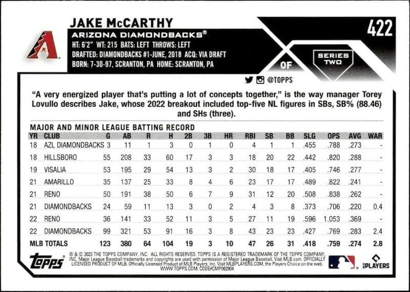 2023 Topps Series 2 Jake McCarthy #422 baseball trading card back