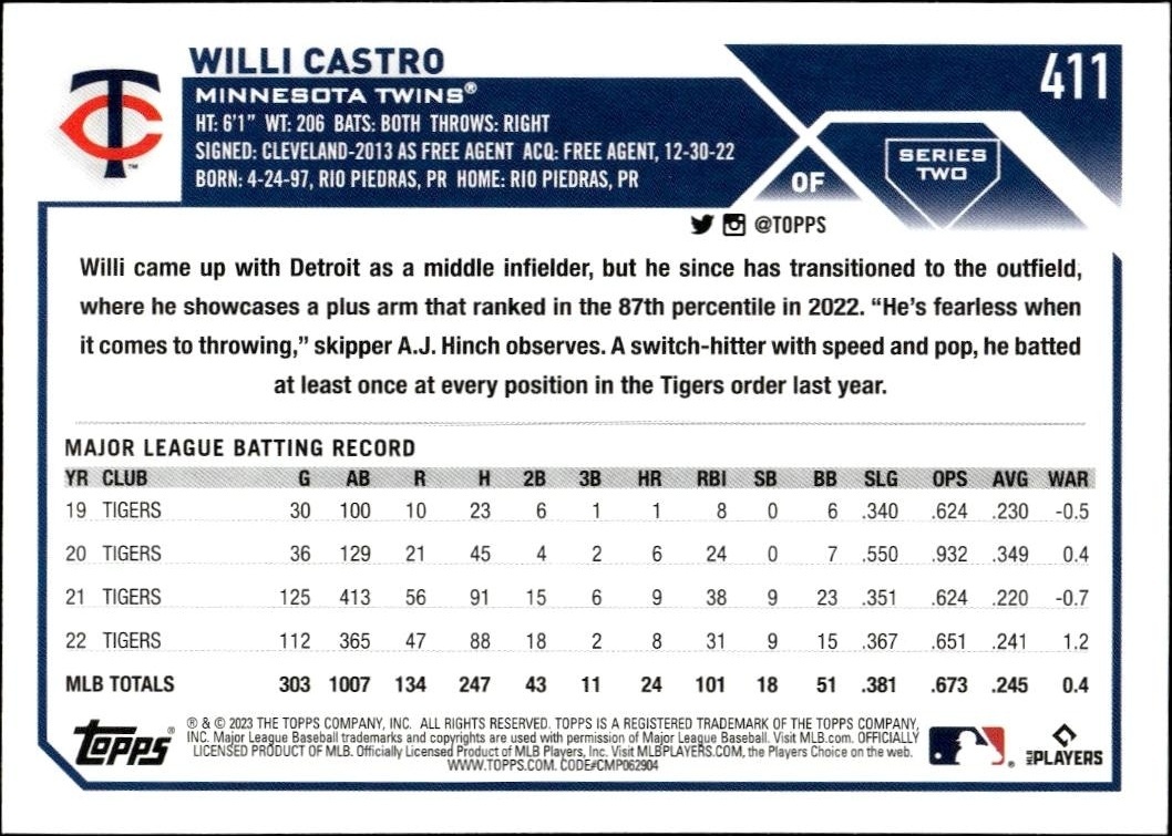 2023 Topps Series 2 Willi Castro #411 baseball trading card back