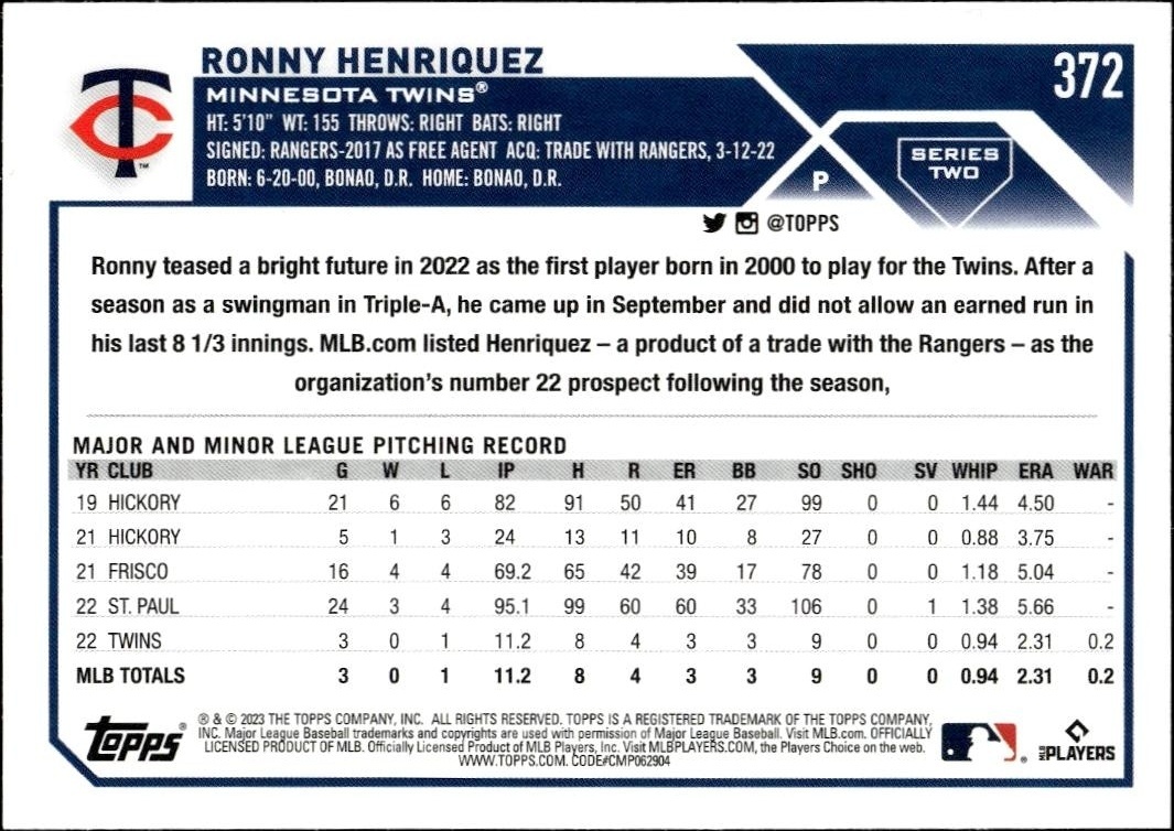 2023 Topps Series 2 Ronny Henriquez #372 baseball trading card back