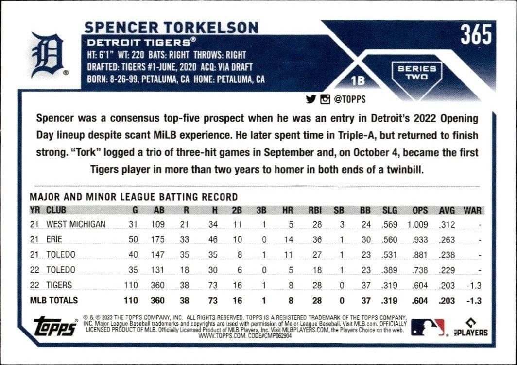 2023 Topps Series 2 Spencer Torkelson #365 baseball trading card back