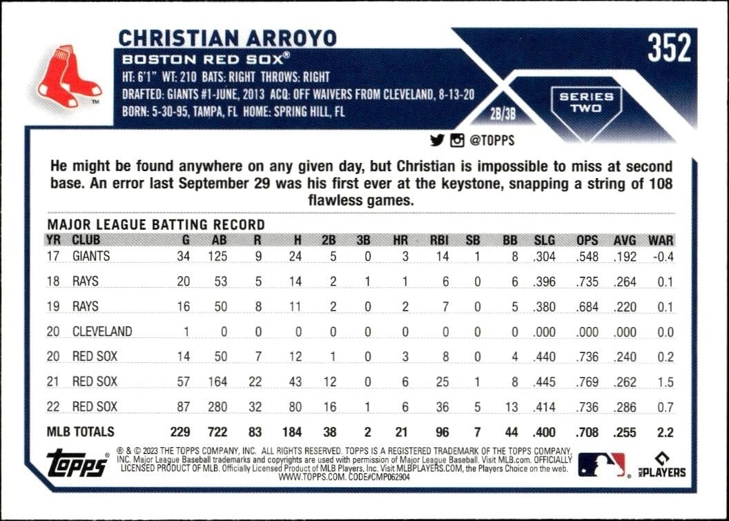 2023 Topps Series 2 Christian Arroyo #352 baseball trading card back