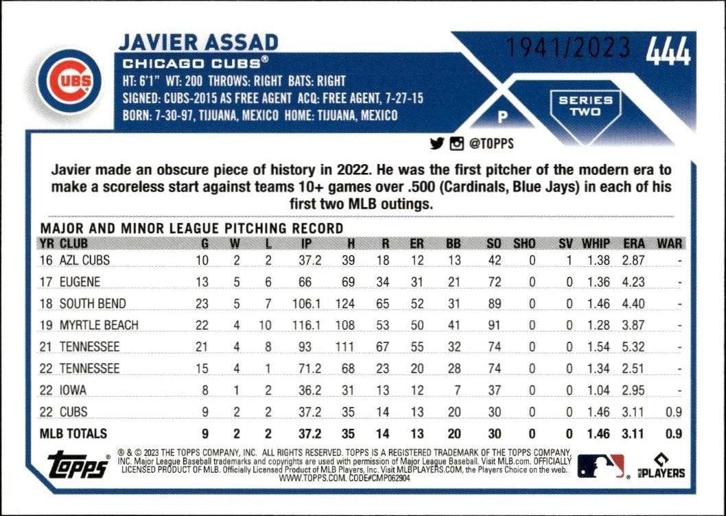 2023 Topps Javier Assad #71 baseball trading card back