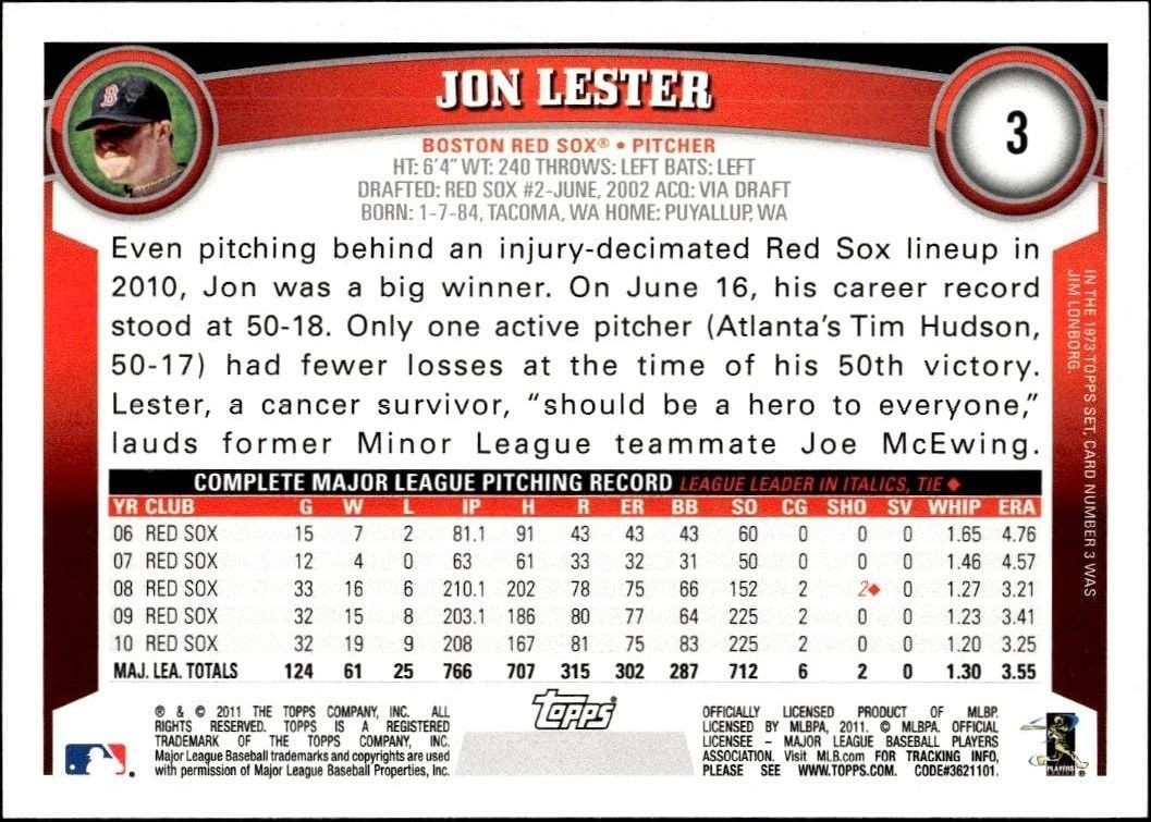 2011 Topps Jon Lester #3 baseball trading card back