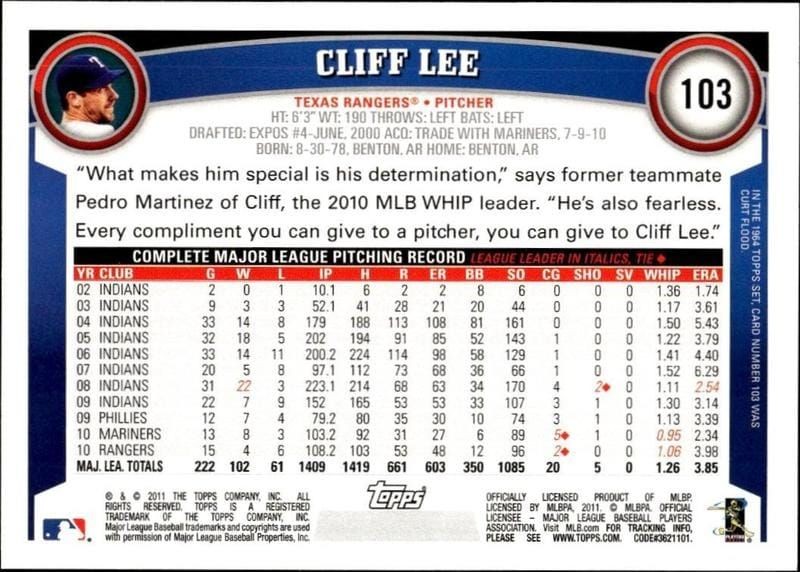 2011 Topps Cliff Lee #103 baseball trading card back