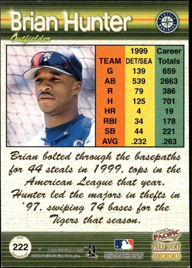 2000 Pacific Paramount Brian Hunter #222 baseball trading card back