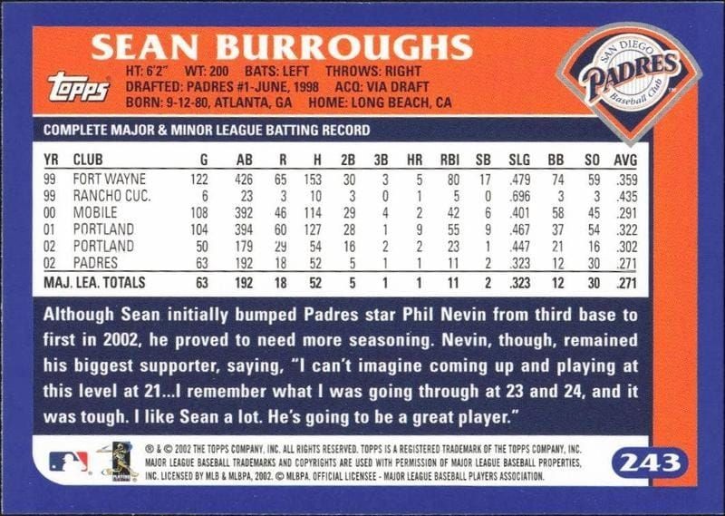 2003 Topps Sean Burroughs #243 baseball trading card back