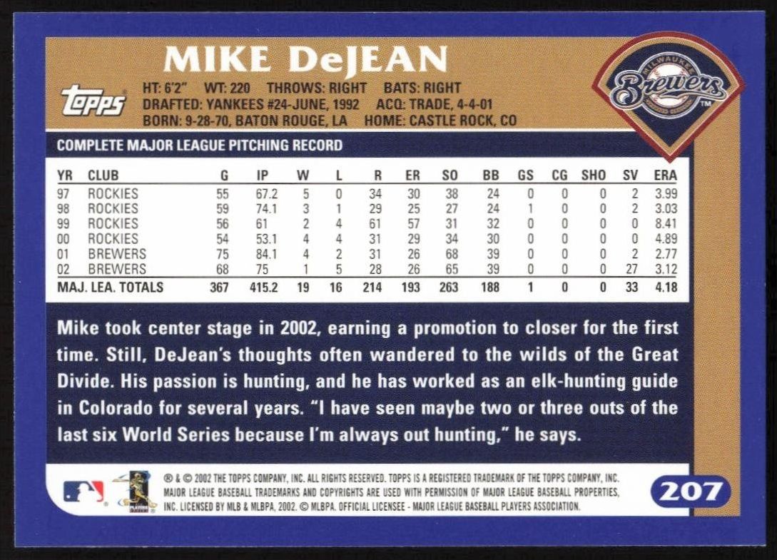 2003 Topps Mike DeJean #207 baseball trading card back