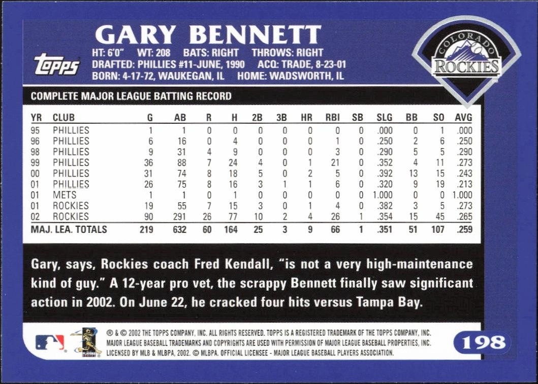 2003 Topps Gary Bennett #198 baseball trading card back