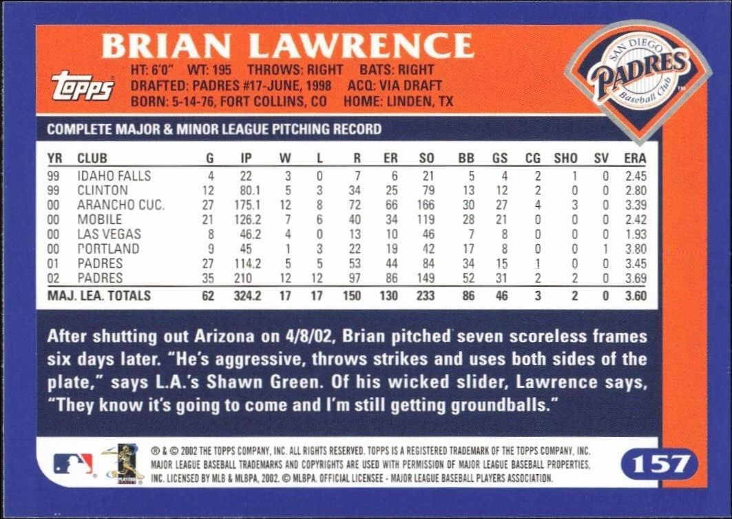 2003 Topps Brian Lawrence #157 baseball trading card back