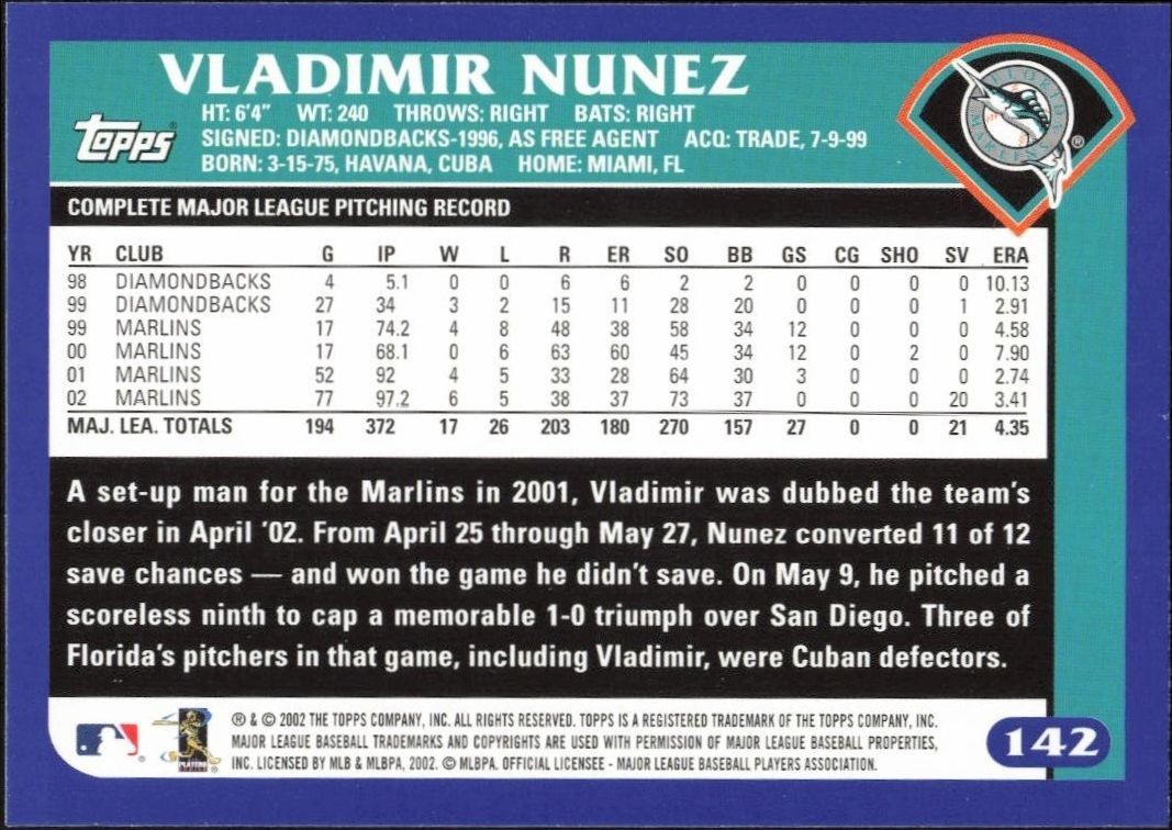 2003 Topps Vladimir Nunez #142 baseball trading card back