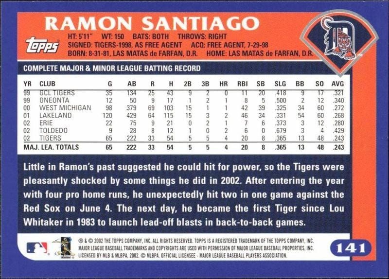 2003 Topps Ramon Santiago #141 baseball trading card back