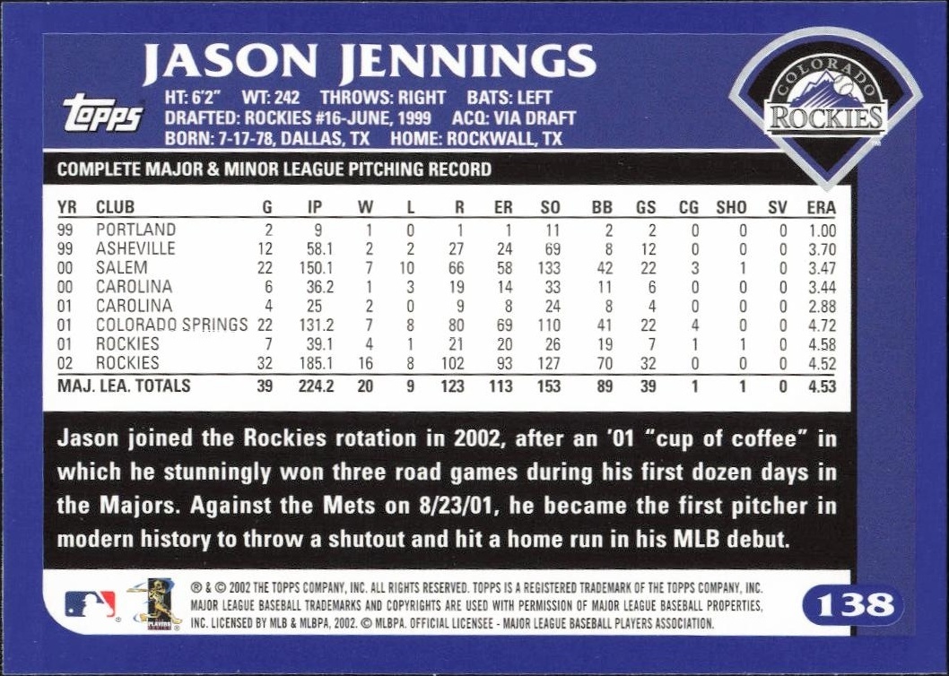 2003 Topps Jason Jennings #138 baseball trading card back