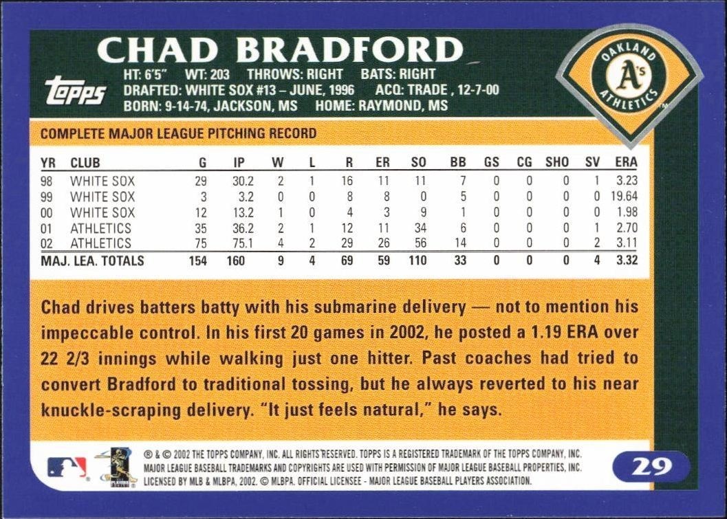 2003 Topps Chad Bradford #29 baseball trading card back
